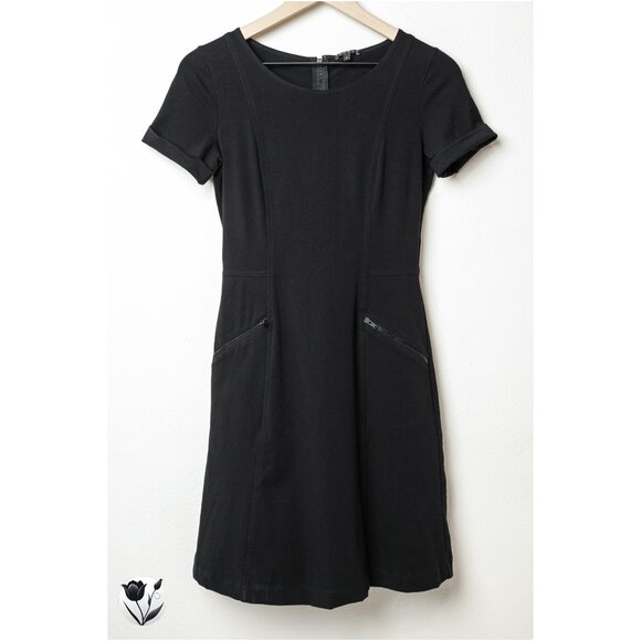 Women’s THEORY Mini Dress Size 2/S/XS Black Short Sleeve A-Line Stretch USA Made - Picture 1 of 13